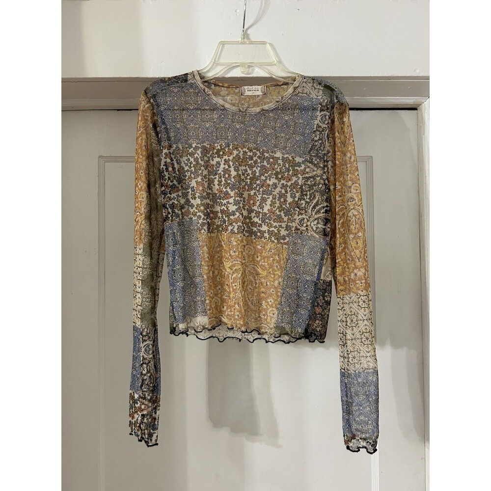 Sheer Mesh Patchwork Shirt Womens Medium Y2K Retro Colorful Indie Summer Casual